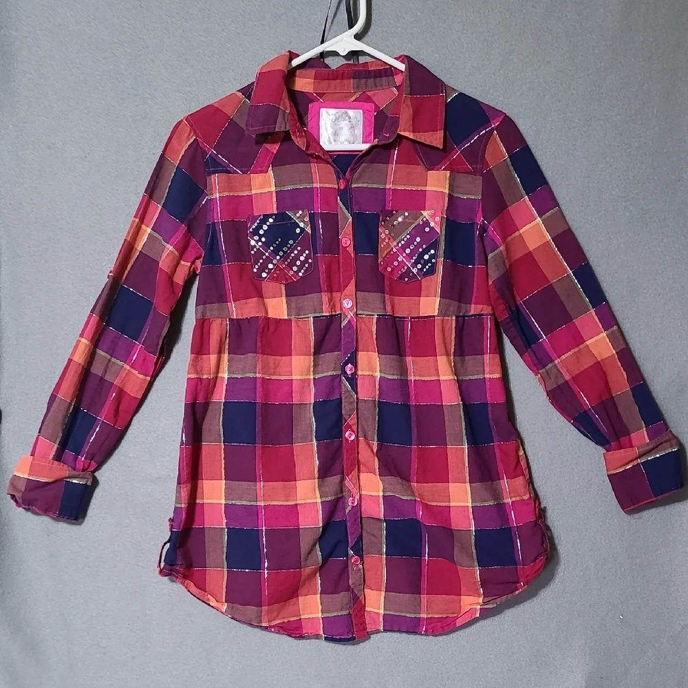 JUSTICE‎ Girl's Plaid Long Sleeve Tunic Top Shirt Multicolor - Size 16